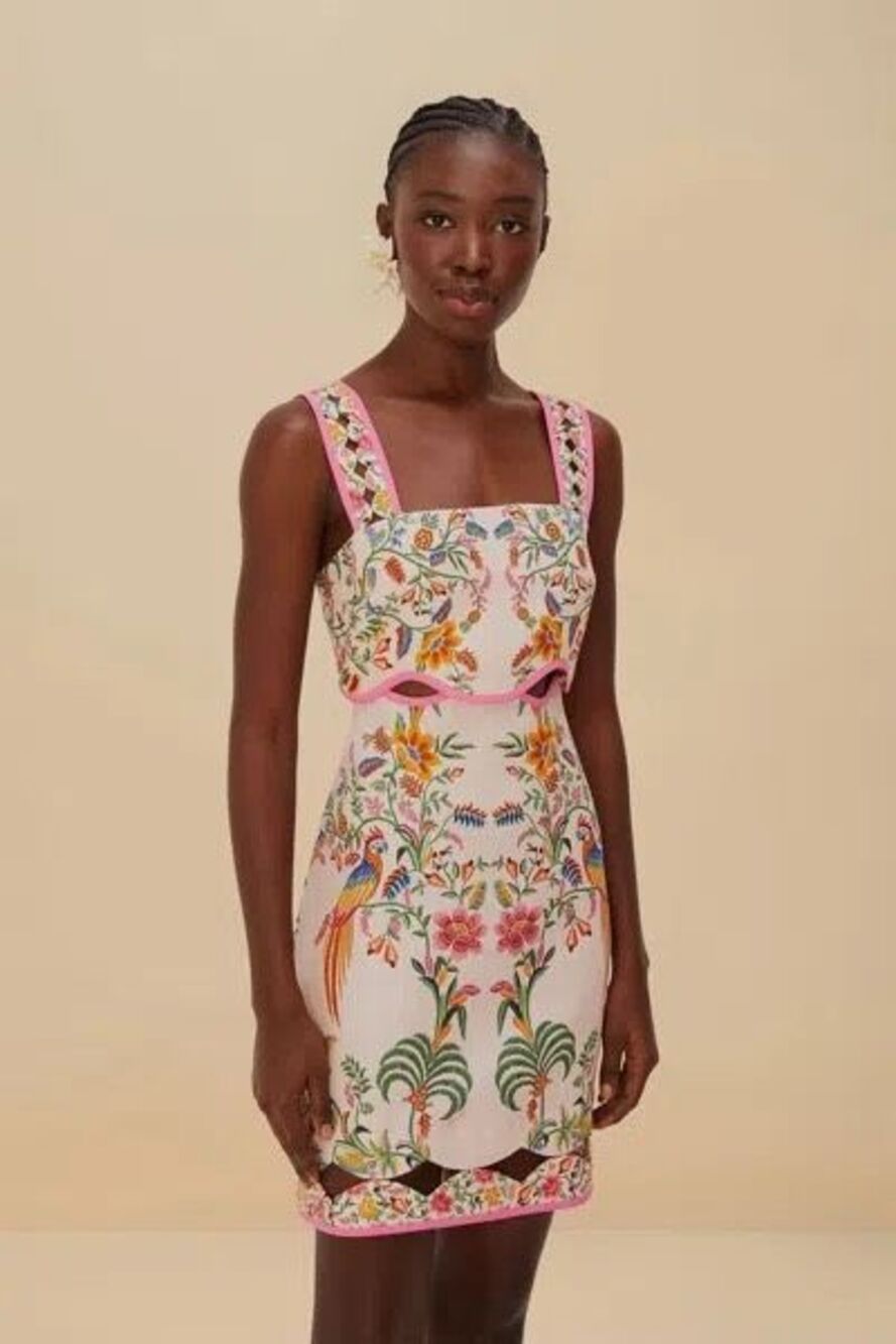NEW Farm Rio Pink Delicate Forest Euroflax Premium Linen Mini Dress in Beige Pin